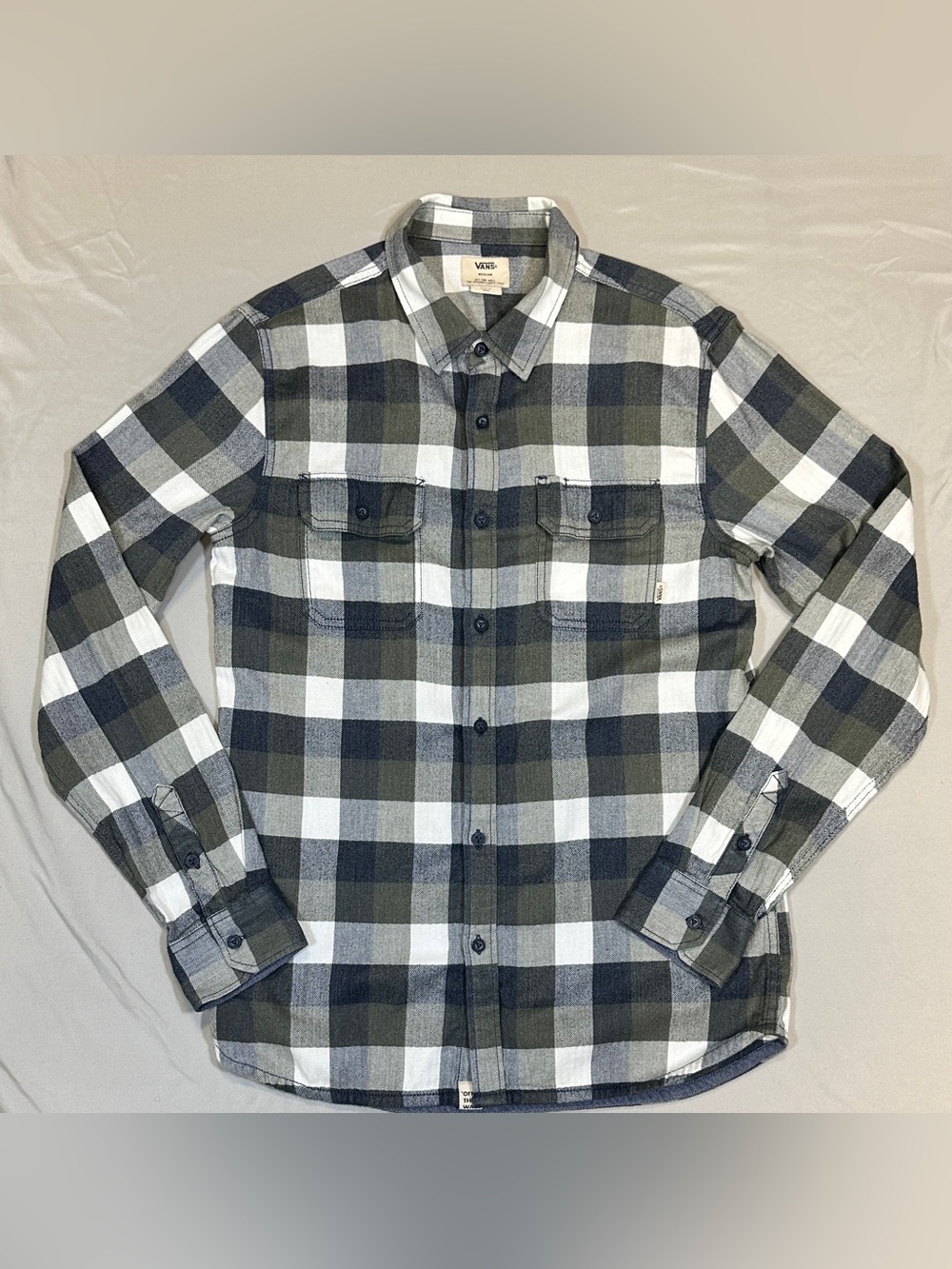 Vans Olive Gray White Plaid Long-Sleeve Button-Up Shirt Size M